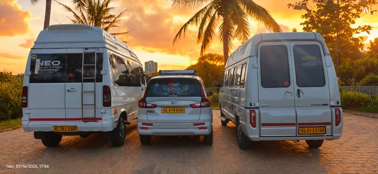 Neo Travel Mart premium taxi fleet with Force Urbania, Ertiga and tempo traveller rear view